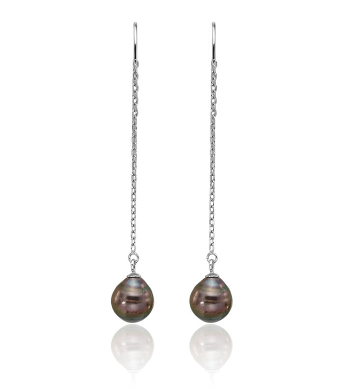 925 Sterling Silver 9mm Black Teardrop Tahitian Saltwater Cultured Pearl Threader Drop Dangle Earrings