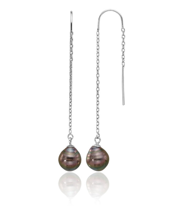 925 Sterling Silver 9mm Black Teardrop Tahitian Saltwater Cultured Pearl Threader Drop Dangle Earrings