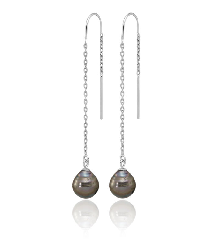 925 Sterling Silver 9mm Black Teardrop Tahitian Saltwater Cultured Pearl Threader Drop Dangle Earrings