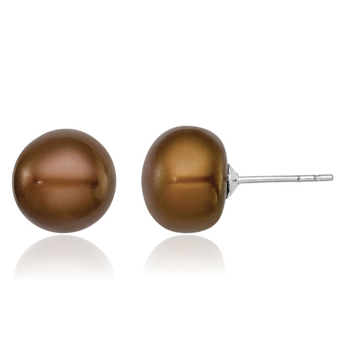 925 Sterling Silver 9mm Brown Button Freshwater Cultured Pearl Stud Earrings