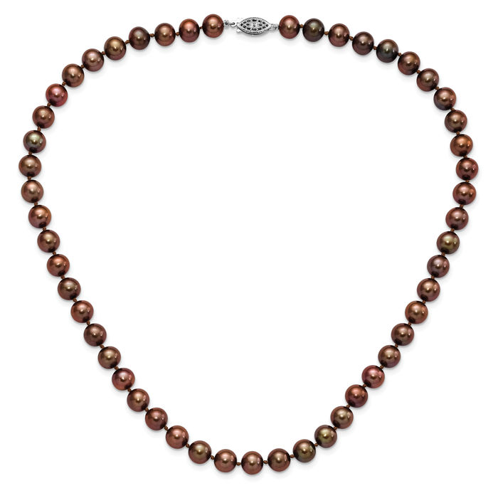 925 Sterling Silver 8mm Brown Near Round Freshwater Cultured Pearl Necklace Chain