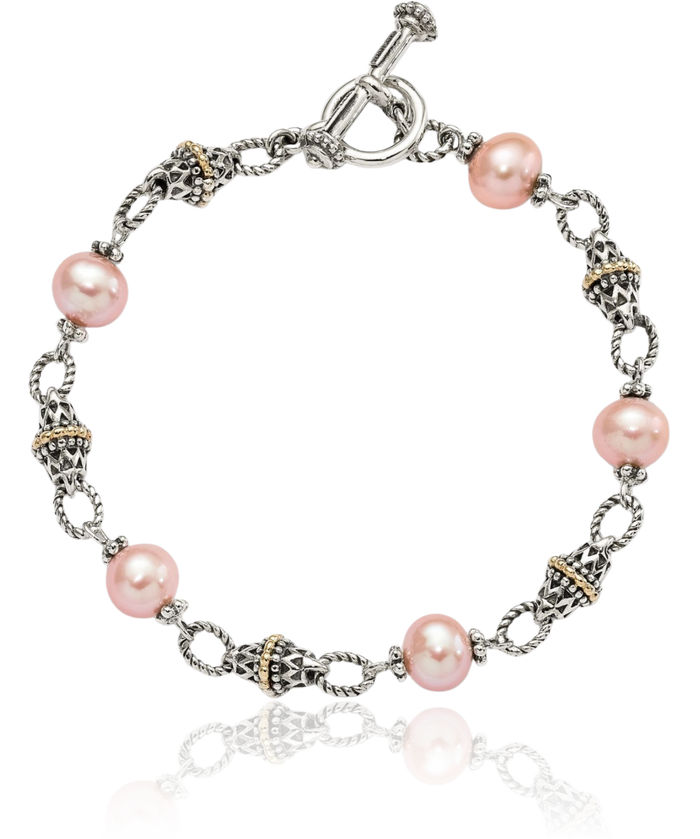 925 Sterling Silver Vintage 9mm Freshwater Cultured Pink Pearl Chain Bracelet