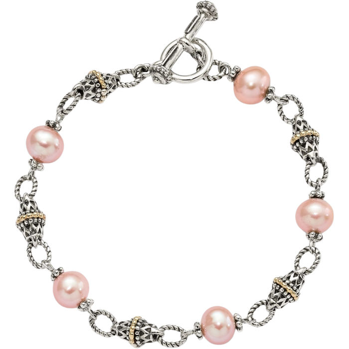 925 Sterling Silver Vintage 9mm Freshwater Cultured Pink Pearl Chain Bracelet