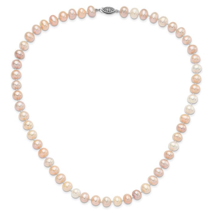 925 Sterling Silver 8mm Multi-color Near Round Freshwater Cultured Pearl Necklace Chain