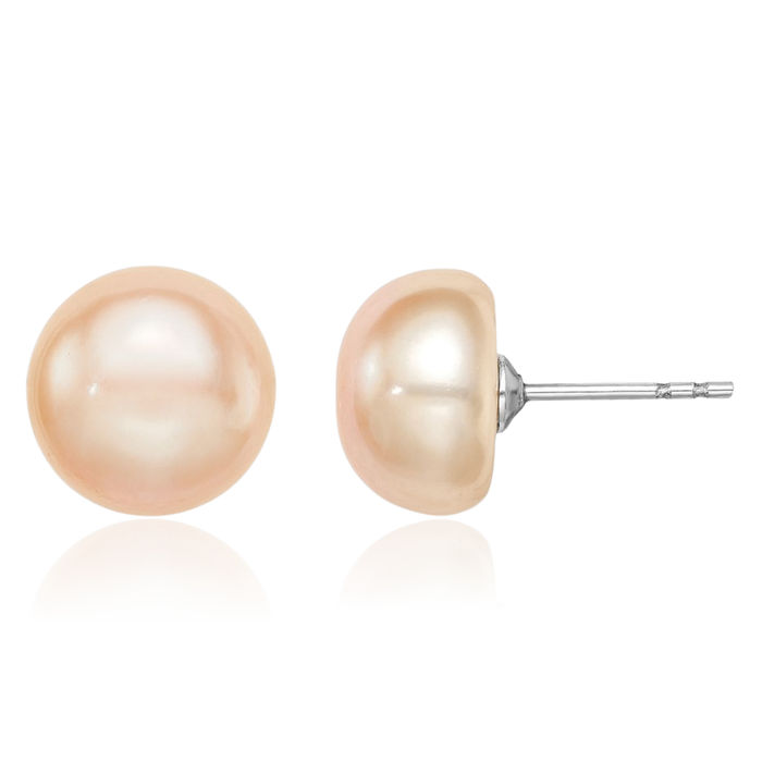 925 Sterling Silver 9mm Pink Button Freshwater Cultured Pearl Stud Earrings