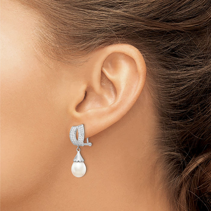 925 Sterling Silver 8mm Rice Freshwater Cultured Pearl Cubic Zirconia CZ Omega Clip Back Post Drop Dangle Earrings