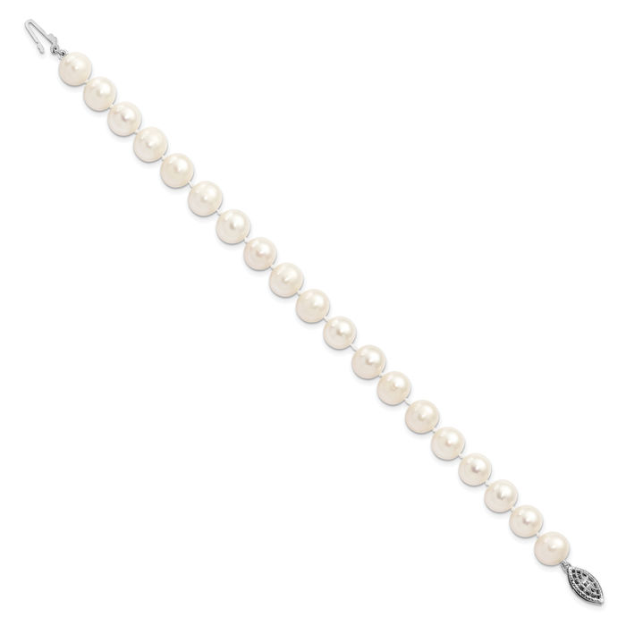 925 Sterling Silver 8mm White Near Round Freshwater Cultured Pearl Chain Bracelet