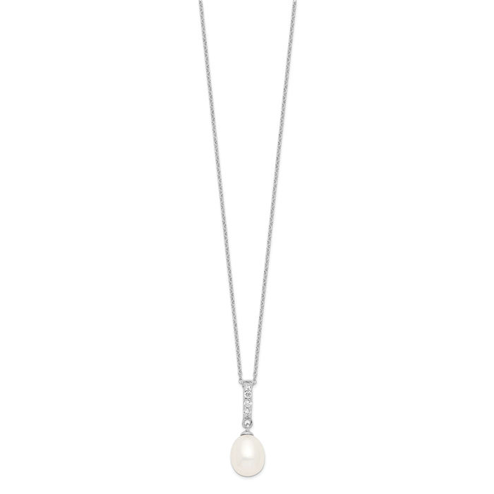 925 Sterling Silver 8mm White Teardrop Freshwater Cultured Pearl Cubic Zirconia CZ Necklace Chain