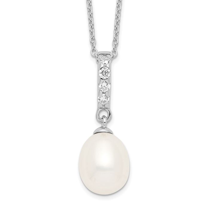 925 Sterling Silver 8mm White Teardrop Freshwater Cultured Pearl Cubic Zirconia CZ Necklace Chain