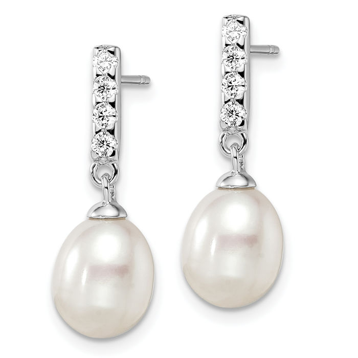 925 Sterling Silver 8mm White Teardrop Freshwater Cultured Pearl Cubic Zirconia CZ Line Bar Drop Dangle Earrings