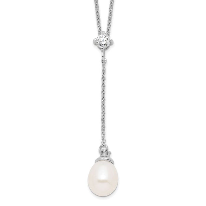 925 Sterling Silver 8mm White Teardrop Freshwater Cultured Pearl Cubic Zirconia CZ Drop Necklace Chain