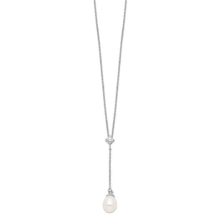 925 Sterling Silver 8mm White Teardrop Freshwater Cultured Pearl Cubic Zirconia CZ Drop Necklace Chain