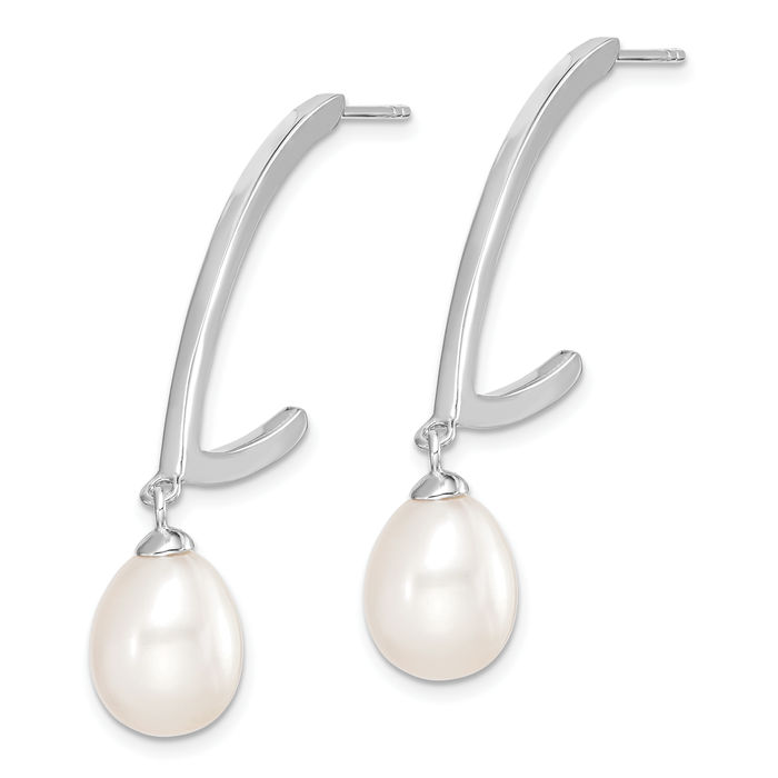 925 Sterling Silver 8mm White Rice Freshwater Cultured Pearl Post Drop Dangle Earrings