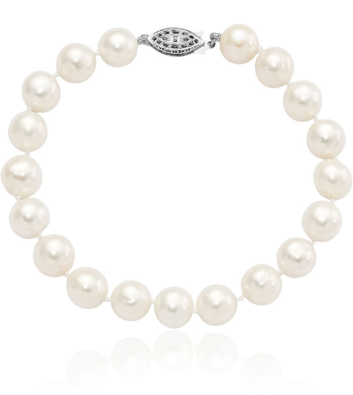 925 Sterling Silver 9mm White Near Round Freshwater Cultured Pearl Chain Bracelet
