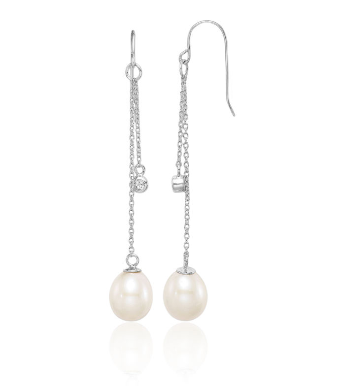 925 Sterling Silver 9mm White Teardrop Freshwater Cultured Pearl Cubic Zirconia CZ Drop Dangle Earrings