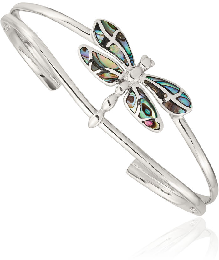 925 Sterling Silver Abalone Dragonfly Bangle Charm Bracelet