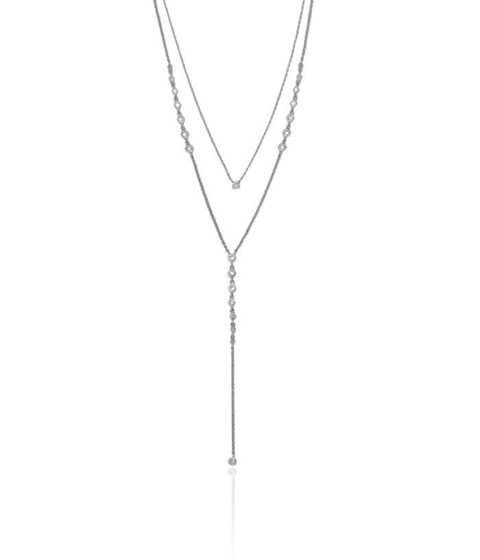 925 Sterling Silver Adjustable Cubic Zirconia CZ 2 Strand Layering Y Drop Chain Necklace