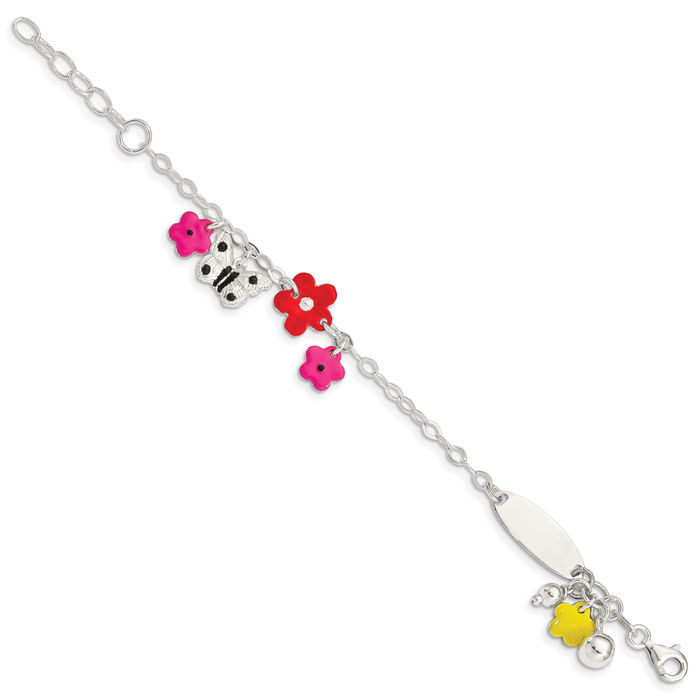 925 Sterling Silver Multi-color Flower Butterfly Wings Name Bar Identification ID Charm Bracelet