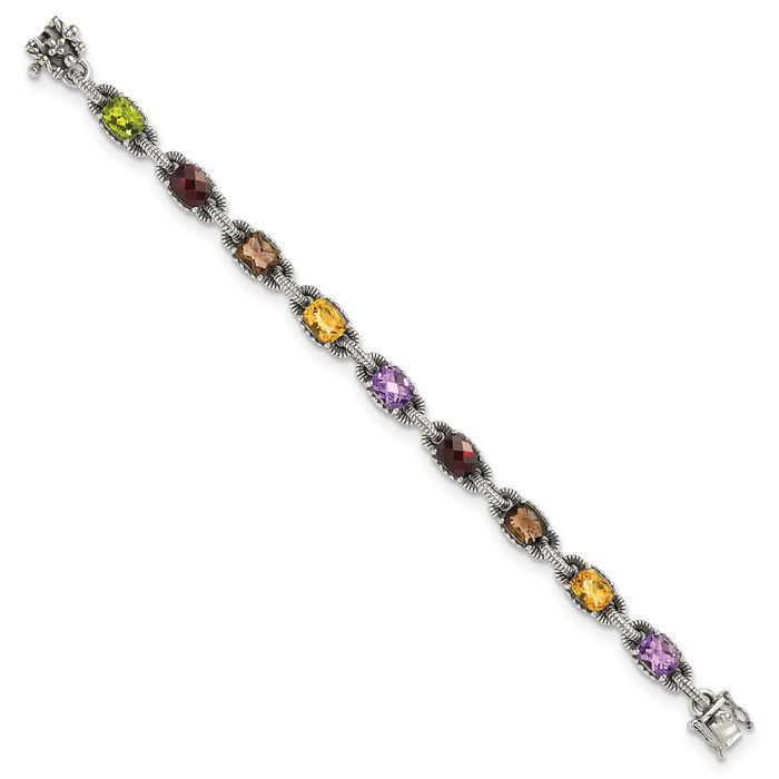 925 Sterling Silver Vintage Cushion-Cut Purple Amethyst Yellow Orange Citrine Red Garnet Green Peridot Brown Smoky Quartz Chain Gemstone Tennis Bracelet