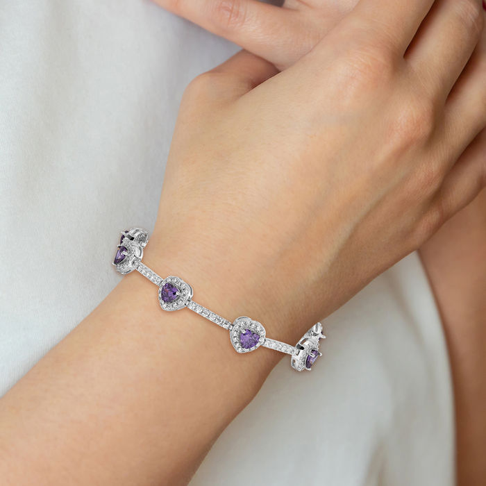 925 Sterling Silver Purple Amethyst Cubic Zirconia CZ Heart Chain Tennis Charm Bracelet