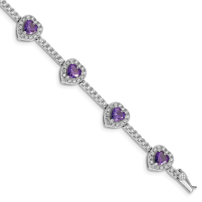 925 Sterling Silver Purple Amethyst Cubic Zirconia CZ Heart Chain Tennis Charm Bracelet