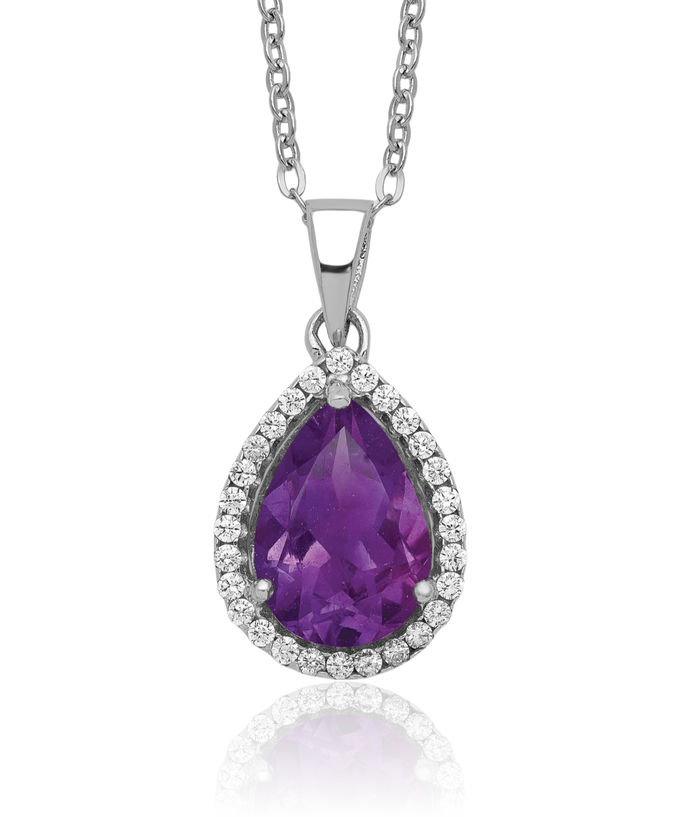 925 Sterling Silver Purple Amethyst Cubic Zirconia CZ Chain Necklace Gemstone Pendant Charm February Birthstone Jewelry