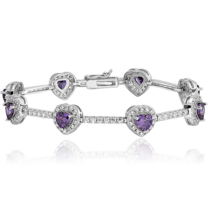 925 Sterling Silver Purple Amethyst Cubic Zirconia CZ Heart Chain Tennis Charm Bracelet