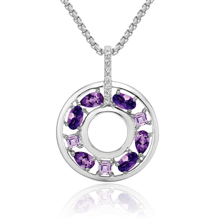 925 Sterling Silver Purple Amethyst Cubic Zirconia CZ Circle Round Necklace Charm Gemstone Pendant February Birthstone Jewelry