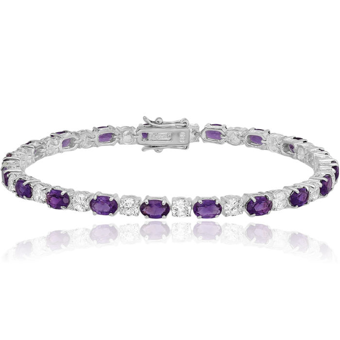 925 Sterling Silver Purple Amethyst Cubic Zirconia CZ Chain Gemstone Tennis Bracelet