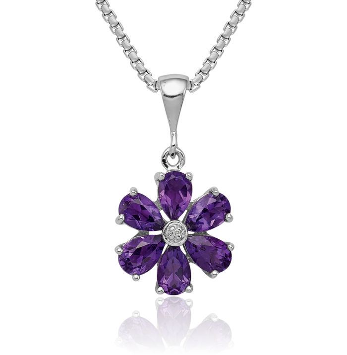 925 Sterling Silver Purple Amethyst Diamond Flower Necklace Charm Gemstone Pendant February Birthstone Jewelry