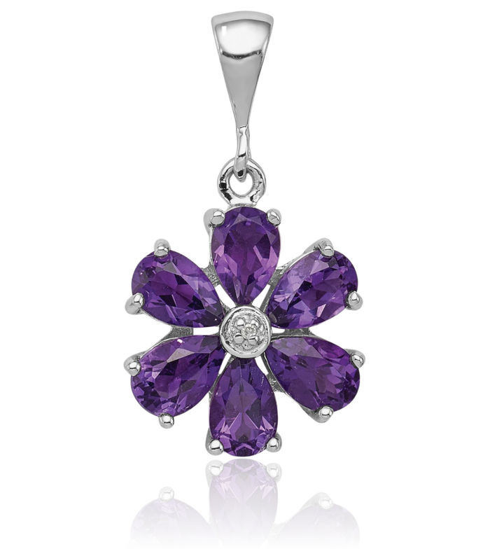 925 Sterling Silver Purple Amethyst Diamond Flower Necklace Charm Gemstone Pendant February Birthstone Jewelry