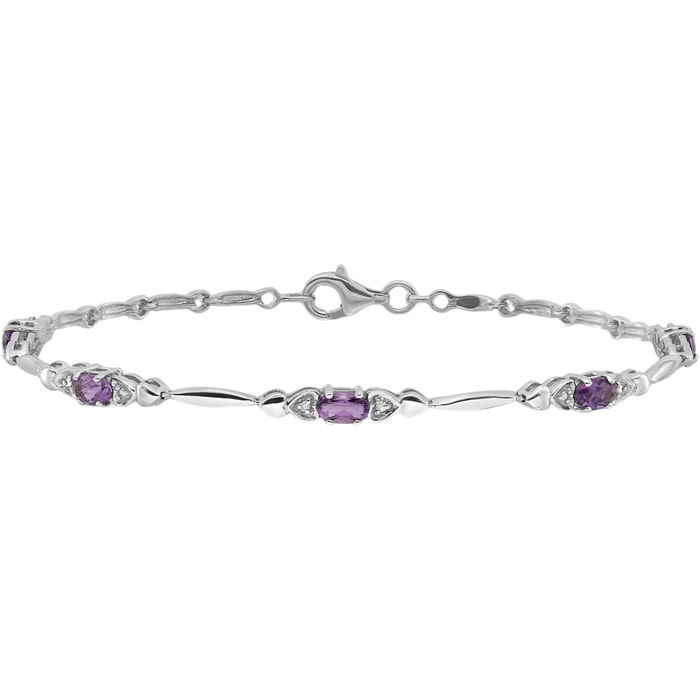 925 Sterling Silver Purple Amethyst Diamond Heart Chain Tennis Charm Bracelet