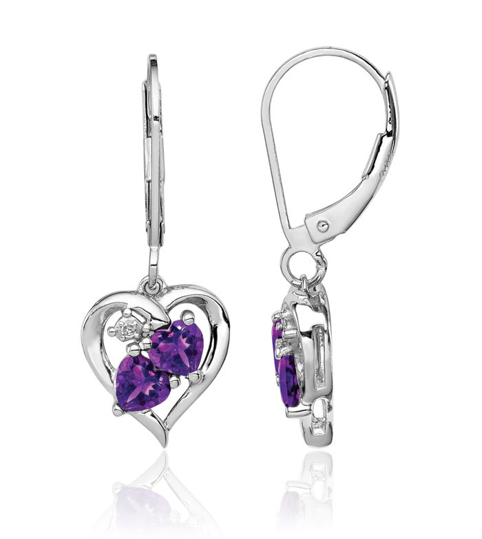 925 Sterling Silver Purple Amethyst Diamond Heart Drop Dangle Earrings