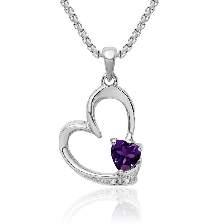 925 Sterling Silver Purple Amethyst Diamond Heart Necklace Charm Gemstone Pendant February Birthstone Jewelry