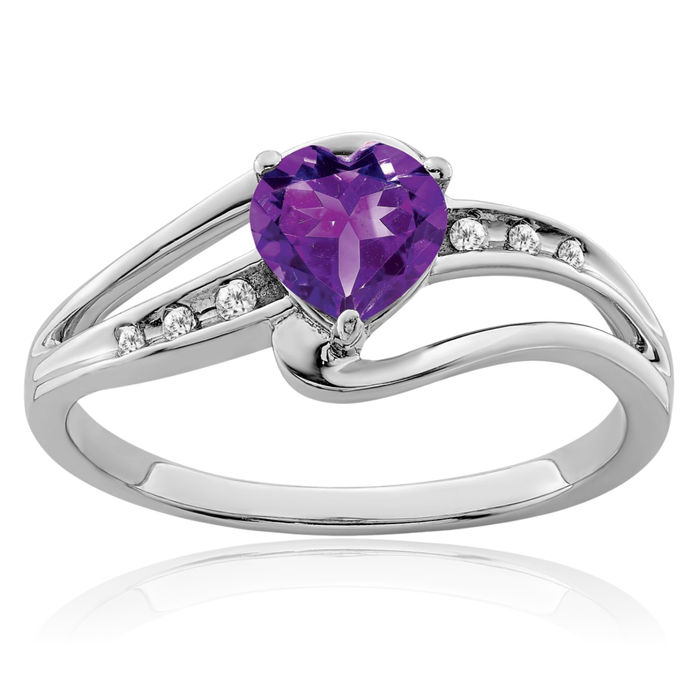 925 Sterling Silver Purple Amethyst Diamond Heart Ring Love Band February Birthstone Jewelry