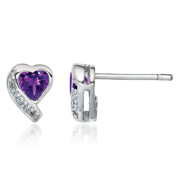 925 Sterling Silver Purple Amethyst Diamond Heart Stud Earrings February Birthstone Jewelry