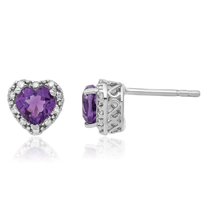 925 Sterling Silver Purple Amethyst Diamond Heart Stud Solitaire Earrings February Birthstone Jewelry