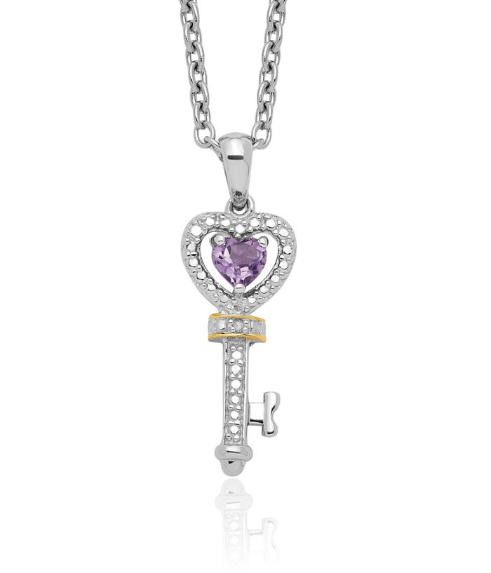 925 Sterling Silver Purple Amethyst Diamond Key Necklace Chain Gemstone Pendant Charm