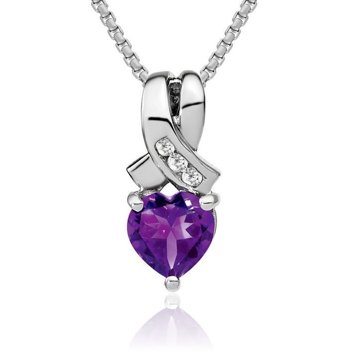 925 Sterling Silver Purple Amethyst Diamond Necklace Heart Charm Gemstone Pendant February Birthstone Jewelry