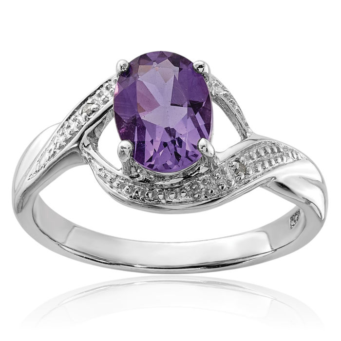 925 Sterling Silver Purple Amethyst Diamond Ring Gemstone Band