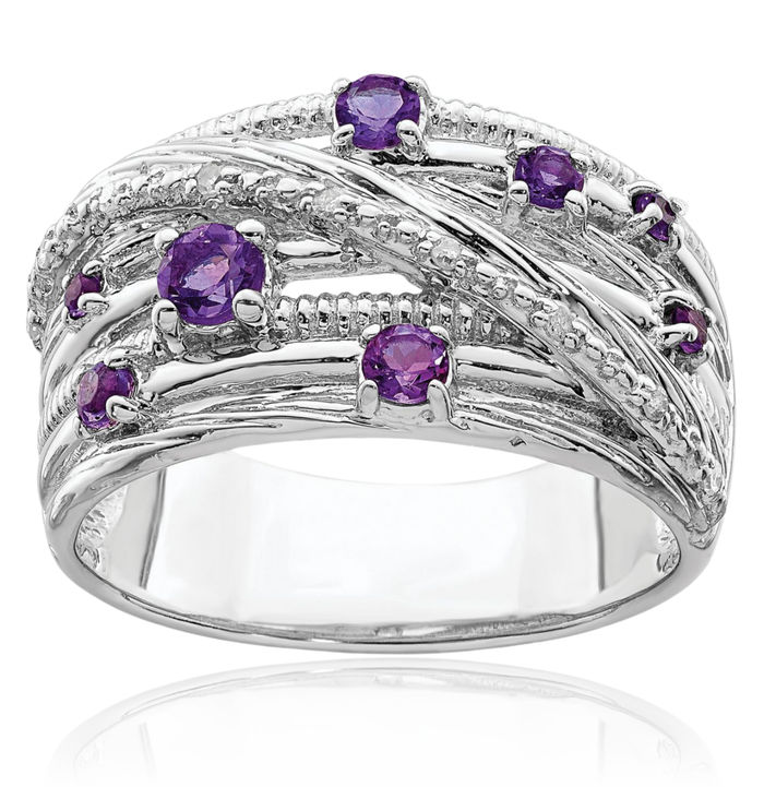 925 Sterling Silver Purple Amethyst Diamond Ring Gemstone Band