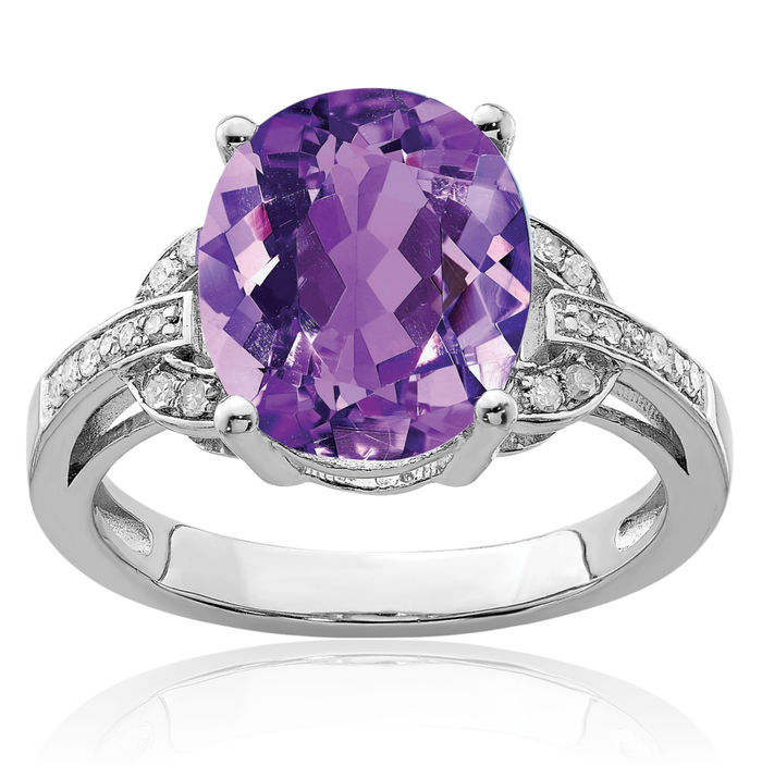 925 Sterling Silver Purple Amethyst Diamond Ring Gemstone Band