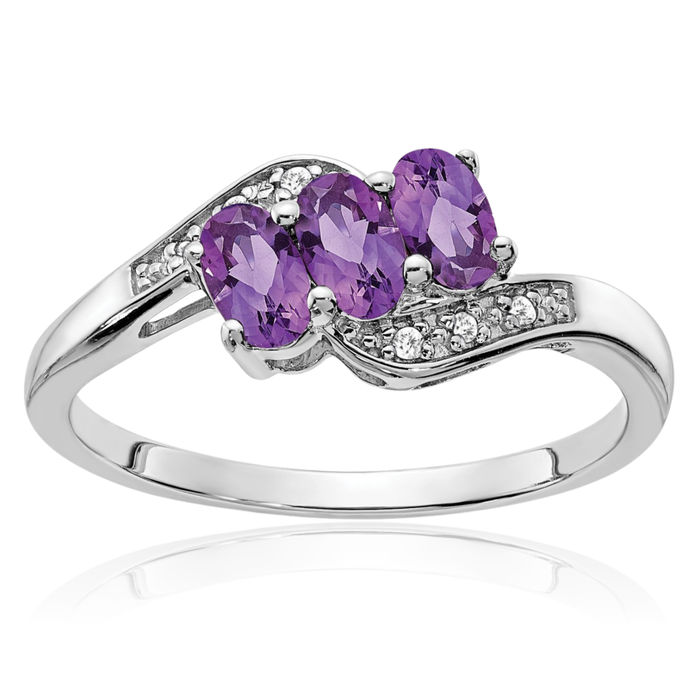 925 Sterling Silver Purple Amethyst Diamond Ring Gemstone Band February Birthstone Jewelry