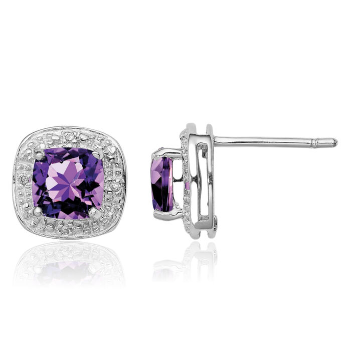 925 Sterling Silver Purple Amethyst Diamond Stud Earrings February Birthstone Jewelry