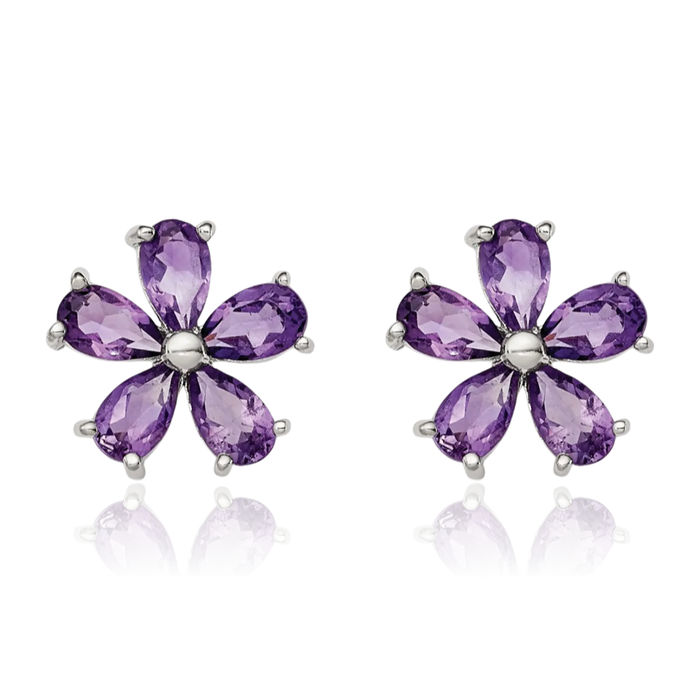 925 Sterling Silver Purple Amethyst Flower Studs Pear Teardrop Gemstone Earrings February Birthstone Jewelry