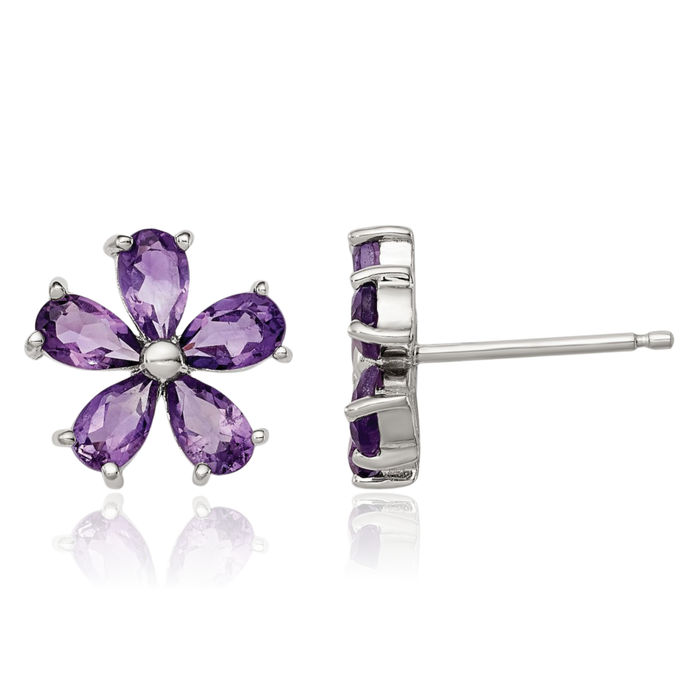 925 Sterling Silver Purple Amethyst Flower Studs Pear Teardrop Gemstone Earrings February Birthstone Jewelry