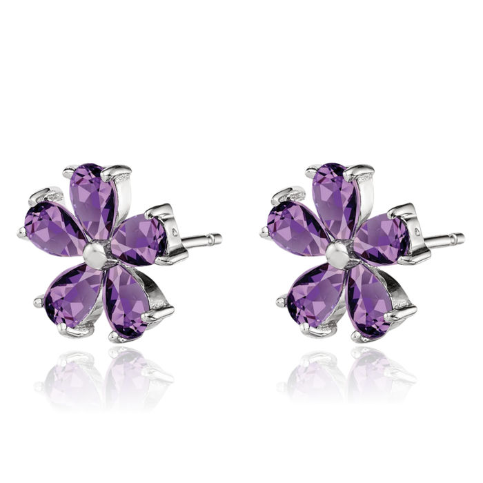 925 Sterling Silver Purple Amethyst Flower Studs Pear Teardrop Gemstone Earrings February Birthstone Jewelry