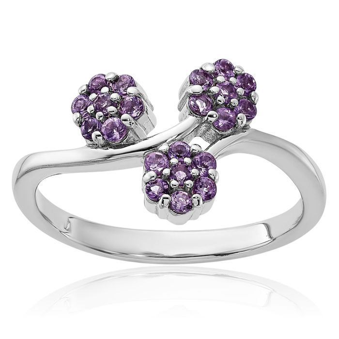 925 Sterling Silver Purple Amethyst Flowers Ring Gemstone Band February Birthstone Jewelry