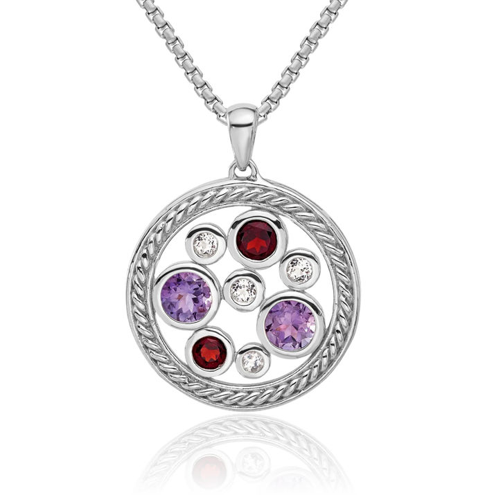 925 Sterling Silver Purple Amethyst Red Garnet White Topaz Circle Round Necklace Charm Gemstone Pendant