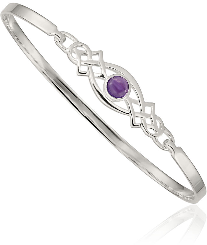 925 Sterling Silver Purple Amethyst Heart Irish Claddagh Celtic Love Knot Gemstone Bangle Bracelet Jewelry